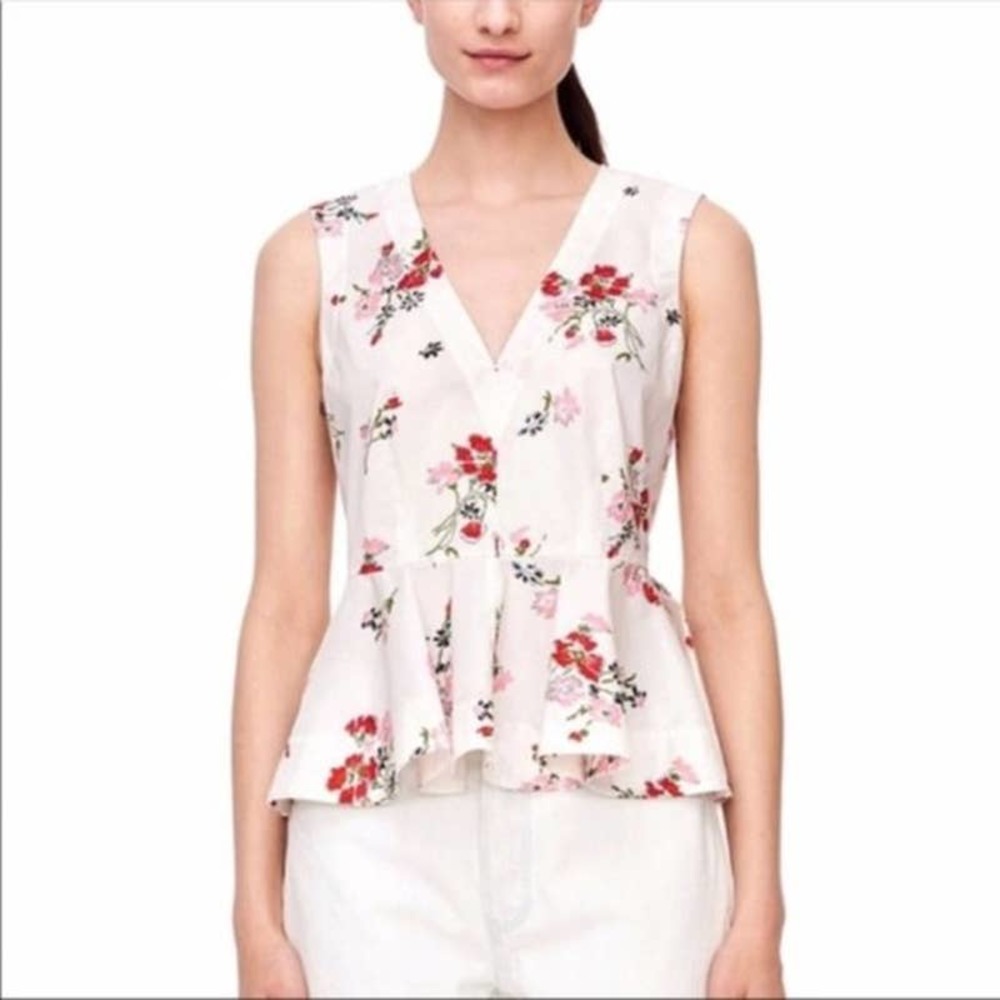 Rebecca Taylor- White V-neck Peplum Tank, zip back, pink/red floral print